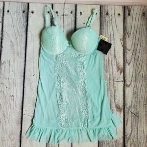 Cinema Etoile Seductivewear SMALL 2pc Celadon  Chiffon & Lace Babydoll V-String